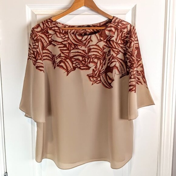 Classiques Entier Tops - Classiques Entier Beige Floral Silk Fan Sleeve Top XL